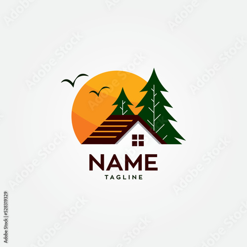 A real estate logo. include sun, trees, house and birds. 
suitable for real estate, hotel, house renting, cottage 
related business t-shirt print or 
a service.