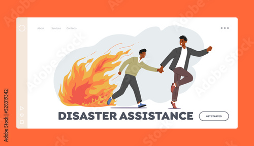 Disaster Assistance Landing Page Template. People Escaping from Ragging Fire, African Man and Boy in Dangerous Situation