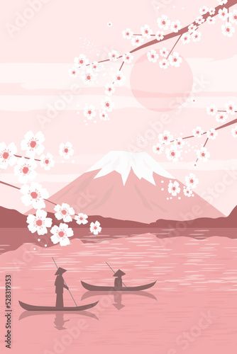 Abstract poster with landscape. A Japanese mountain, a natural lake, branches of cherry blossoms, a boat with fishermen. Vector graphics.