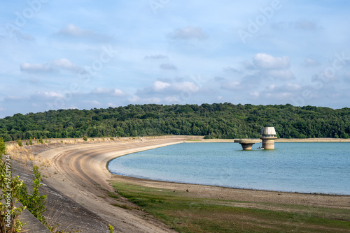 Low water level in summer 2022 in Bewl Water dam reservoir, East Sussex, England