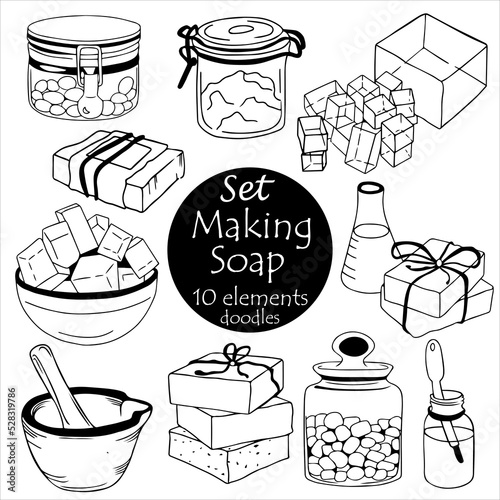 Icons on topic of making soap, creating homemade cosmetics. set of 10 doodle elements, with black line - soap base, jars with pigment, molded soap, olives, decor, pipette, flask.