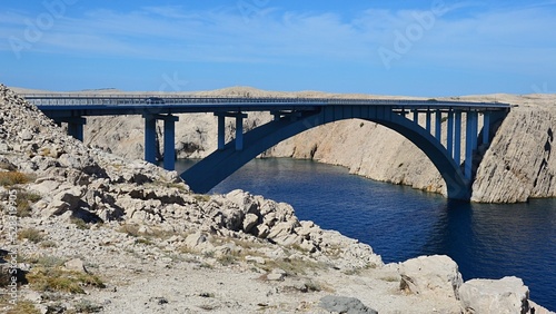 Bridge to island Pag in northern Dalmatia, Croatia, during sunny summer day. 