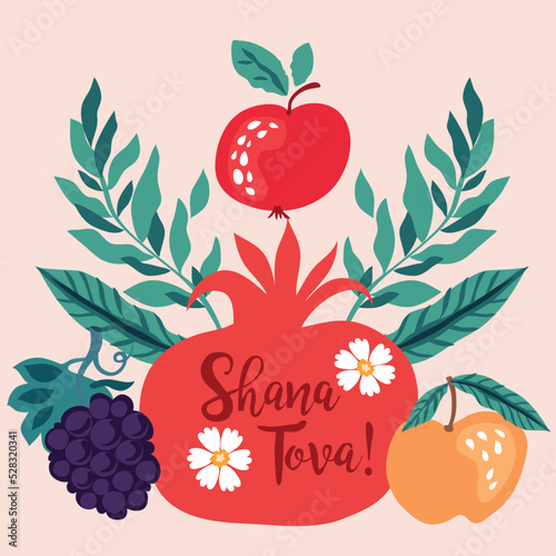 Rosh hashanah , Shana Tova - jewish new year holiday banner template design. Pomegranate, honey, wine, menorah, candle, star David, apple, shofar, flower Vector flat icon illustration