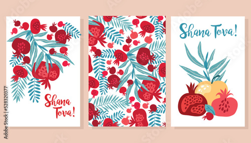 Rosh hashanah , Shana Tova - jewish new year holiday banner template design. Pomegranate, honey, wine, menorah, candle, star David, apple, shofar, flower Vector flat icon illustration photo