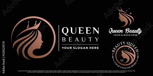 Set of beauty queen logo design for woman salon with crown icon and creative concept Premium Vector