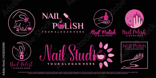 Set of nail polish or nail studio logo design for manicure salon with woman hands Premium Vector