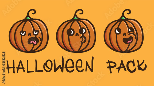 Vector handdrawn sticker pack with pumpkins. Halloween pumpkins with faces with different emotions. Jack lantern for the holiday. Emoticon with a smile, disgust and confusion. Cute cartoon face