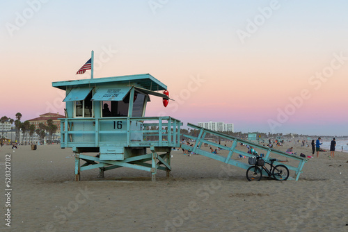Life guard tower in Santa Monica at sunset 