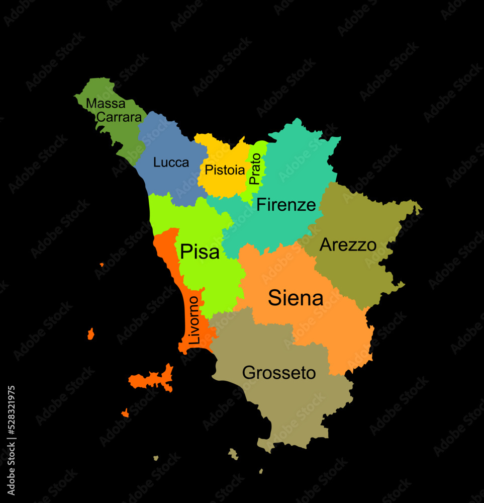 Obraz premium Colorful Tuscany map vector silhouette illustration isolated on black background. Toscana, Italy province vector map. Separated regions with borders. Italian territory, EU, Europe.