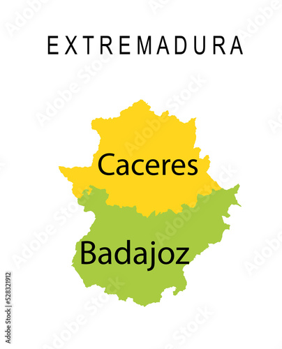 Spain region, autonomous community Extremadura map vector silhouette illustration isolated on white background. Territory include Caceres map and Badajoz map provinces. Europe, EU. photo