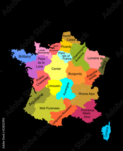 Colorful vector map of France vector silhouette illustration isolated on black background. French autonomous communities. Detailed France regions administrative divisions  separated provinces map.