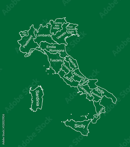 Vector map of Italy line contour silhouette illustration isolated on green background. Italy autonomous communities. Detailed Italian regions administrative divisions, separated provinces. outline map