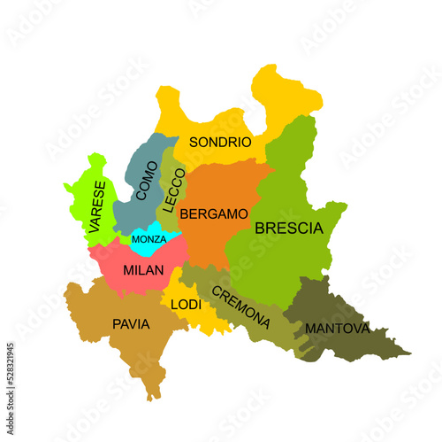 Lombardy map silhouette vector illustration isolated on white background. Lombardia, Italy region. Colorful Lombardy province with separated regions.