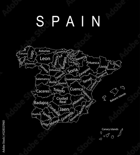 Spain map line contour vector silhouette illustration isolated on black background. High detailed. Spain Autonomous communities. Administrative divisions, separated provinces. Europe state, EU member. photo