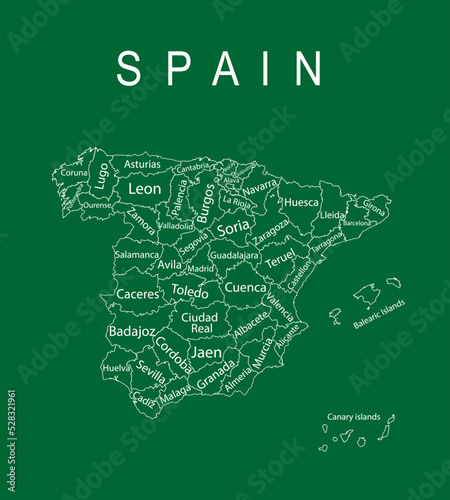 Spain map line contour vector silhouette illustration isolated on green background. High detailed. Spain Autonomous communities. Administrative divisions, separated provinces. Europe state, EU member.
