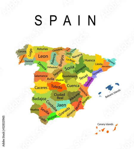 Colorful Spain map vector silhouette illustration isolated on white background. High detailed. Autonomous communities of Spain. Administrative divisions, separated provinces. Europe state, EU member. photo