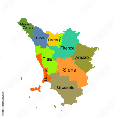 Colorful Tuscany map vector silhouette illustration isolated on white background. Toscana, Italy province vector map. Separated regions with borders. Italian territory, EU, Europe. photo