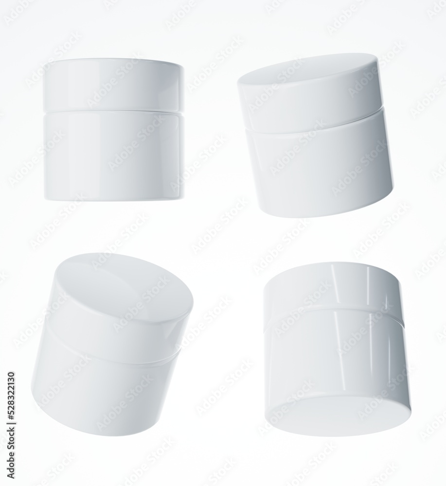 Four different views of glossy white plastic cream jar with cap, 3D render cosmetic product packaging isolated on white background