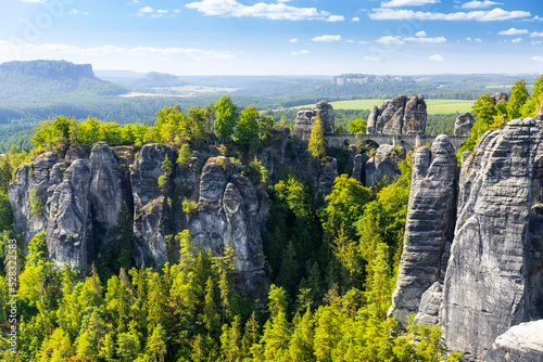 Panorama view of the Bastei. The Bastei is a famous rock formation in Saxon Switzerland National Park, Germany