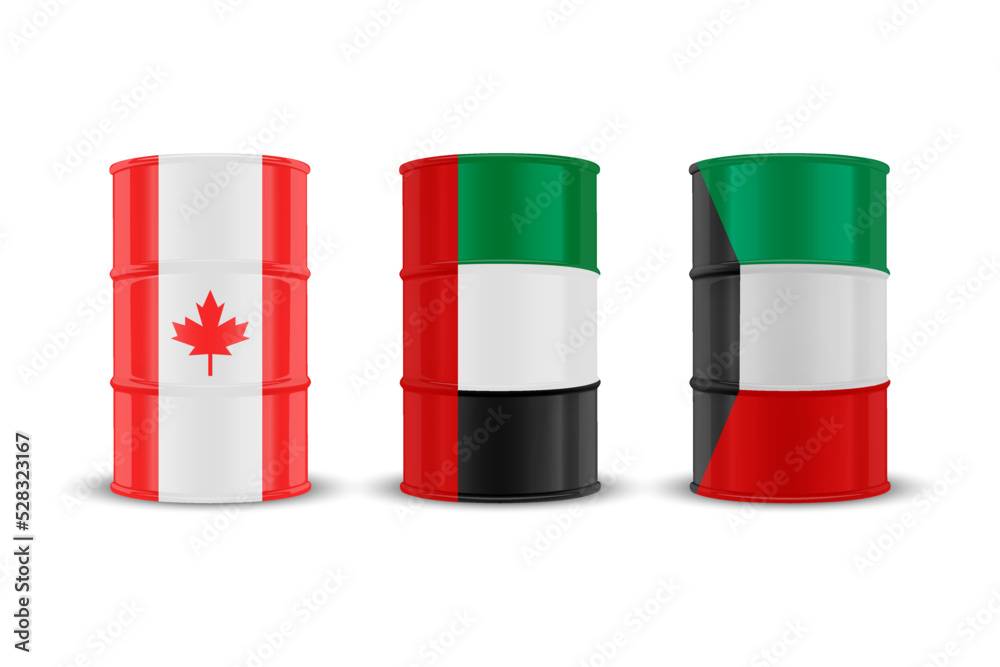 Canada, United Arab Emirates, Kuwait Oil Barrels. Vector 3d Realistic Metal Enamel Oil Barrel Isolated. Crude, Oil Barrel Design Template Canada, United Arab Emirates, Kuwait Oil Barrels. Vector 3d Realistic Metal Enamel Oil Barrel Isolated. Crude, Oil Barrel Design Template