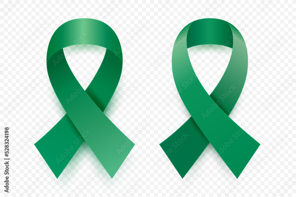 Vector 3d Realistic Emerald Green Ribbon Set. Liver Cancer Awareness