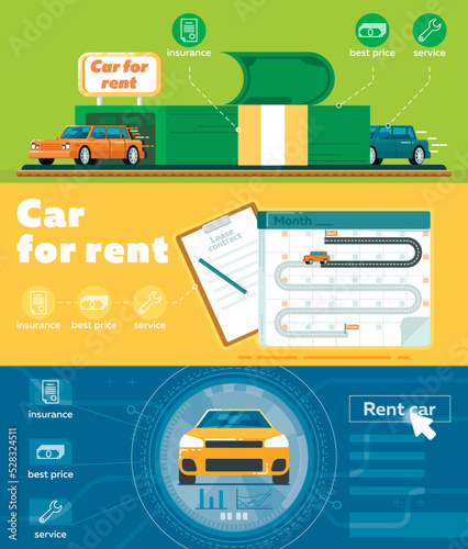 Car for rent banner set vector illustration. Automobile rental business, pre order and conclusion of contract for renting car service. Transportation advertisement with city car in flat design.