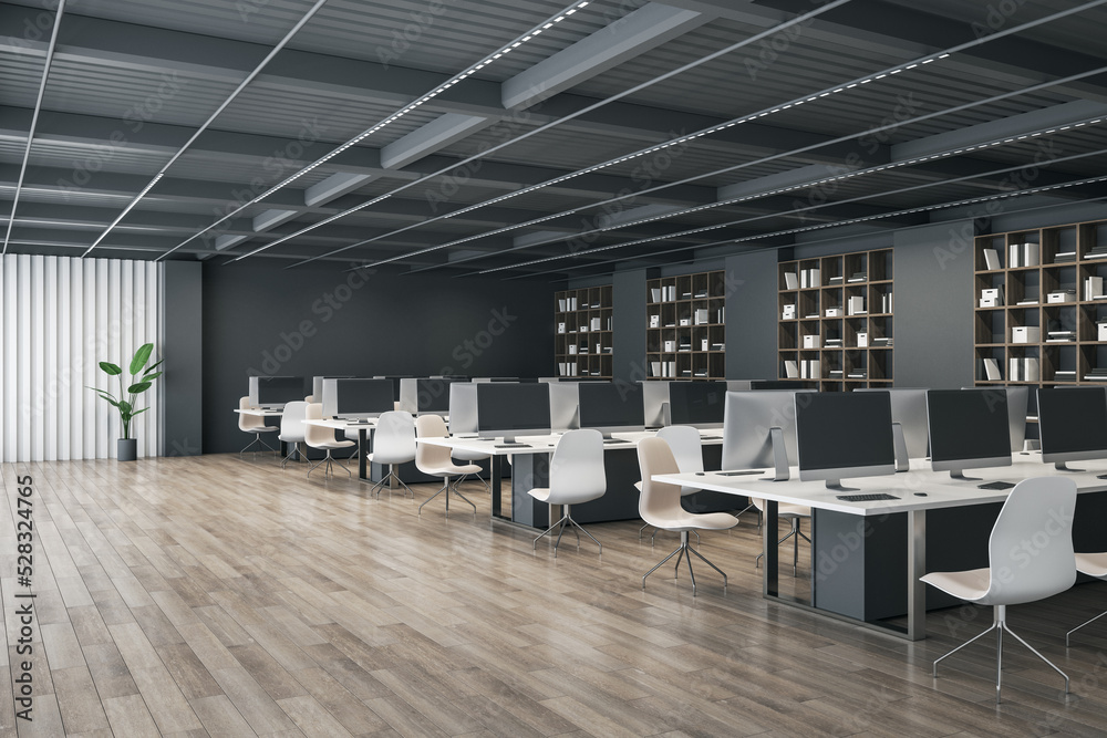 Modern designer coworking office interior with wooden flooring, furniture, bookcase and equipment. 3D Rendering.