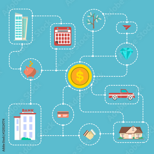 Investment infographic concept vector illustration. Smart investment in securities, buying and renting commercial real estate, jewelry and cash, bank deposits. Financial strategic management design