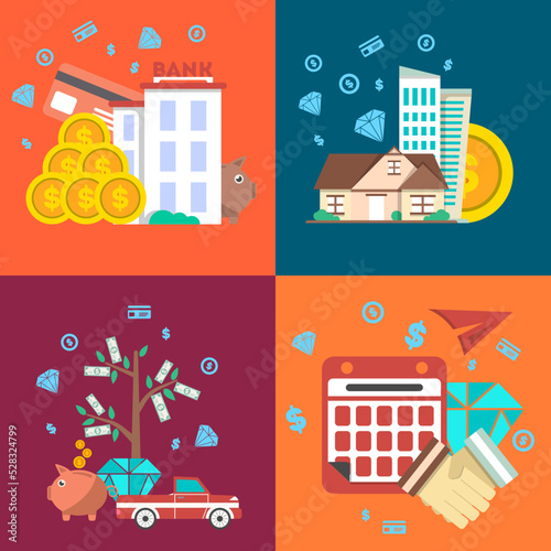 Financial investment banner set in flat design vector illustration. Investing in securities, commercial real estate, jewelry and cash, bank deposits. Financial strategic management and planning design