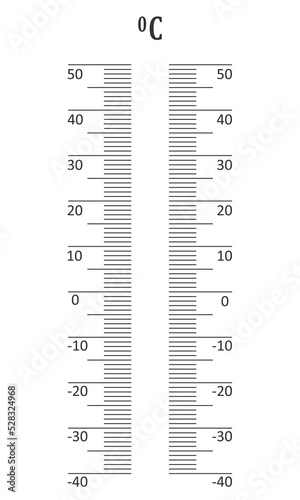 Vertical Celsius thermometer degree scale. Graphic template for meteorological measuring tool isolated on white background. Vector outline illustration.