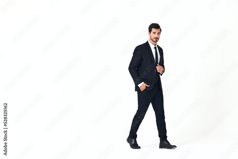 Man business smile with teeth in a suit business job walks open mouth happiness and surprise full-length on white isolated background copy space Man business smile with teeth in a suit business job walks open mouth happiness and surprise full-length on white isolated background copy space
