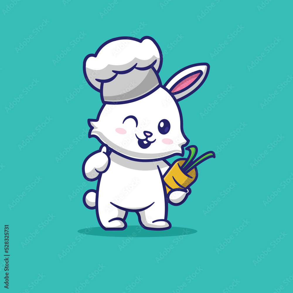 Cute cartoon bunny character holding carrot wearing a chef hat