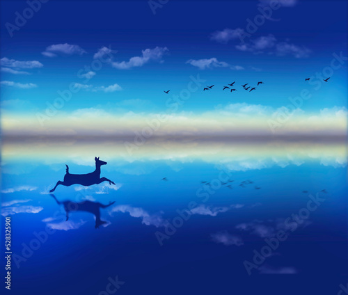A deer runs through the water along an ocean cove shoreline at dusk in this 3-d illustration about wilderness wildlife.