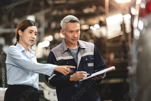customer making inspection check to a car engine repair occupation job at garage service, mechanic technician person workshop to vehicle auto maintenance transportation, term of automobile industry
