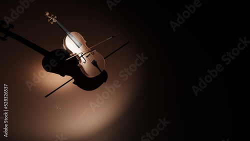 Metallic blown classic violin on blown planes under spot lighting background. 3D sketch design and illustration. 3D high quality rendering. © DRN Studio