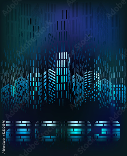 Happy New 2023 Year in Futuristic Night City,  cityscape architecture banner, vector illustration