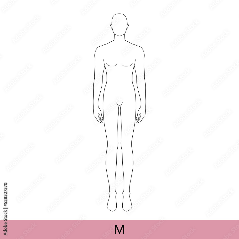 M Size Men Fashion template 9 nine head size medium Croquis Gentlemen model skinny body figure front view. Vector isolated sketch outline boy for Fashion Design, Illustration, technical drawing M Size Men Fashion template 9 nine head size medium Croquis Gentlemen model skinny body figure front view. Vector isolated sketch outline boy for Fashion Design, Illustration, technical drawing