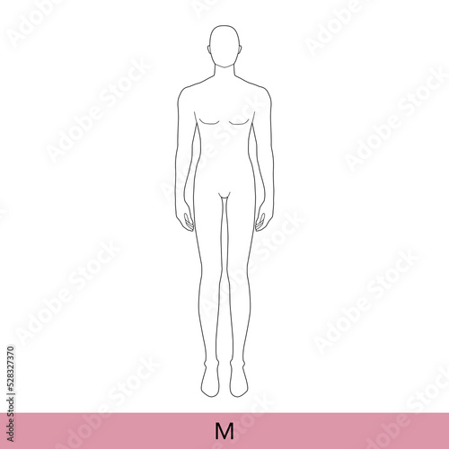 M Size Men Fashion template 9 nine head size medium Croquis Gentlemen model skinny body figure front view. Vector isolated sketch outline boy for Fashion Design, Illustration, technical drawing