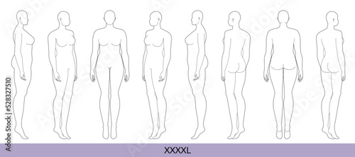 Set of XXXXL Women Fashion template 9 nine head size Croquis over plus size Lady model Curvy body figure front, side, 3-4, back view. Vector outline girl for Design, Illustration, technical drawing