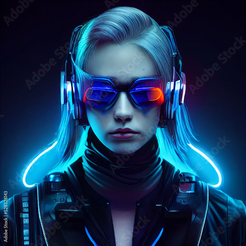 portrait of a young modern techno woman with headphones and futuristic sunglasses, fictional person created with generative ai