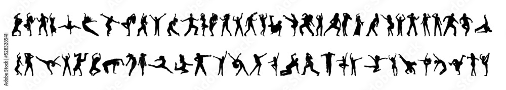 A set of people dancing silhouettes in various styles