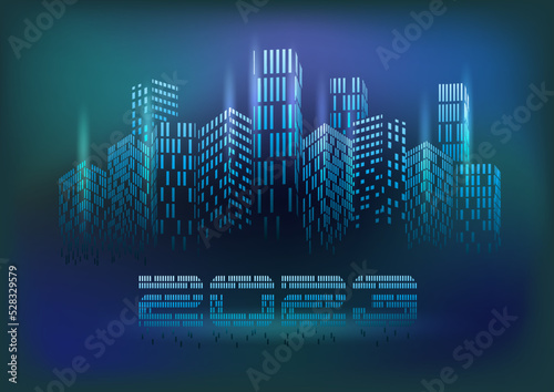 Happy 2023 New Year in Futuristic Night City, cityscape architecture vip card, vector illustration