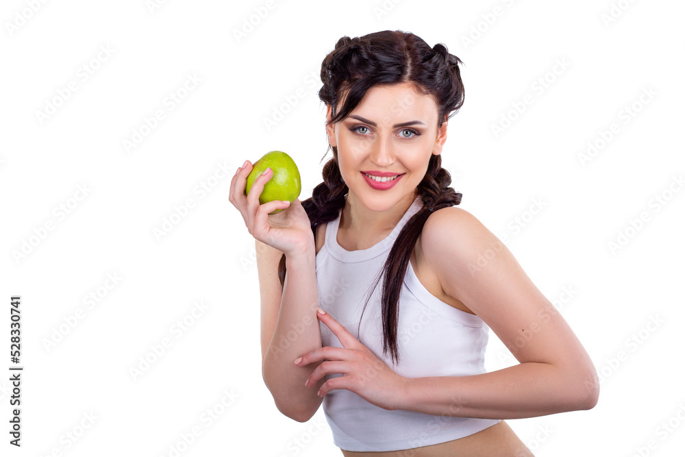 Beautiful young brunette girl holding a green fresh apple isolated on white background Beautiful young brunette girl holding a green fresh apple isolated on white background