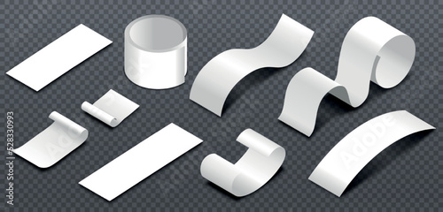 Isometric Bills blank. Collection of check paper on copy space. Tickets or payment documents, cashless transaction and transfers. Realistic vector illustrations isolated on transparent background