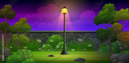 Backyard night with rocky fence, Garden lamp, green lawn and trees vector illustration