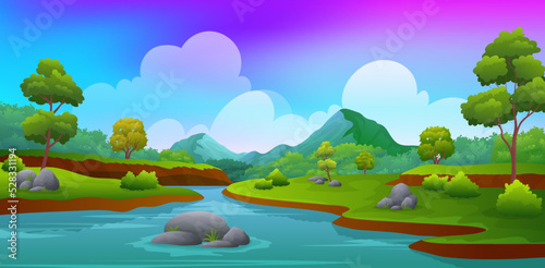 Clean blue river in the middle of the hill with mountains landscape background illustration