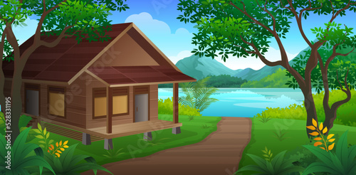 Traditional wooden house by the river with beautiful natural views of tropical forest vector cartoon illustration