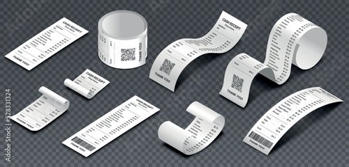 Isometric cash receipt. Collection of checks from terminal in store, bundle of elements for calculating income and expenses. Realistic vector illustrations isolated on transparent background