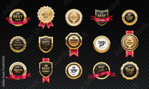 Luxury golden badges set. Collection of awards for winners in competitions. Best price, sale, discount and quality on copy space. Realistic vector illustrations isolated on transparent background