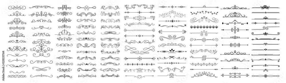 Vintage border big set. Collection of graphic elements for website. Decoration and black ornament with curved lines in vintage style. Cartoon flat vector illustrations isolated on white background